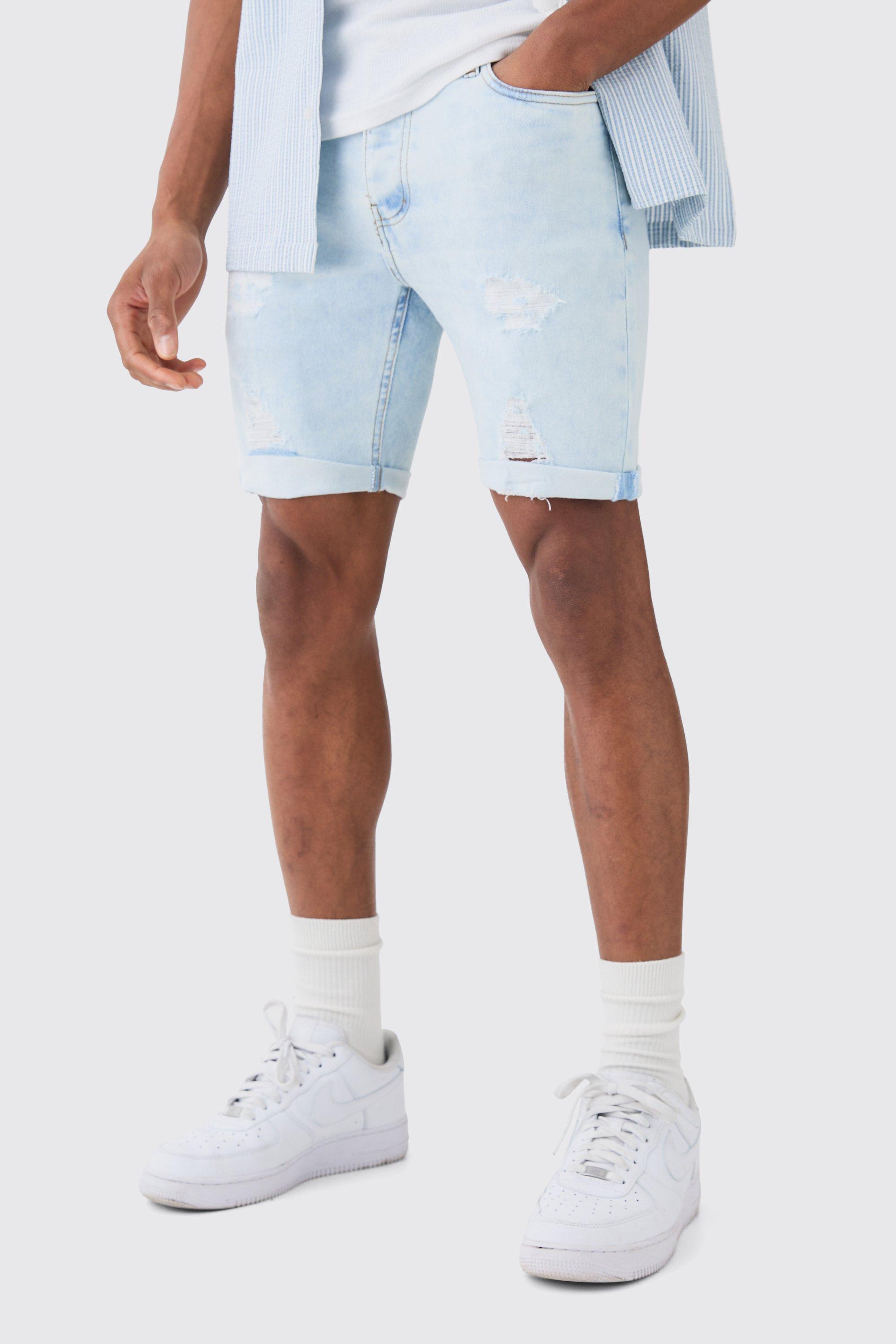 Mens Skinny Stretch Distressed Denim Shorts In Ice Blue, Blue